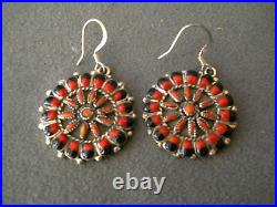 Southwestern Native American Zuni Coral Jet Sterling Silver Hook Earrings