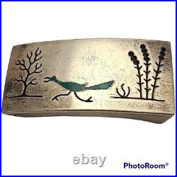 Sterling Silver Native American Inlaid Turquoise Road Runner Belt Buckle