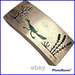 Sterling Silver Native American Inlaid Turquoise Road Runner Belt Buckle