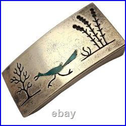 Sterling Silver Native American Inlaid Turquoise Road Runner Belt Buckle