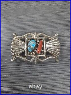 Sterling Silver & Turquoise Native American Sand Cast Old Pawn Buckle 3 64G