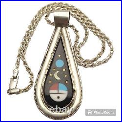 Sterling Silver Willie Shaw Zuni Inlay Stone Sun Face Moon Planets Necklace