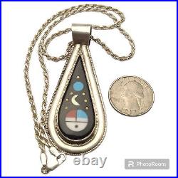 Sterling Silver Willie Shaw Zuni Inlay Stone Sun Face Moon Planets Necklace