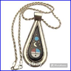 Sterling Silver Willie Shaw Zuni Inlay Stone Sun Face Moon Planets Necklace