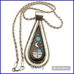 Sterling Silver Willie Shaw Zuni Inlay Stone Sun Face Moon Planets Necklace