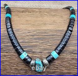 Turquoise & Jet Heishi Bead Necklace Sterling Silver Native American 14 Choker