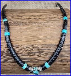 Turquoise & Jet Heishi Bead Necklace Sterling Silver Native American 14 Choker