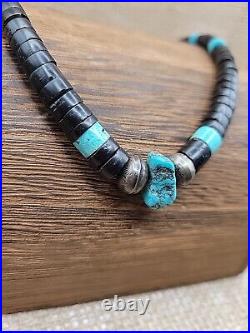 Turquoise & Jet Heishi Bead Necklace Sterling Silver Native American 14 Choker