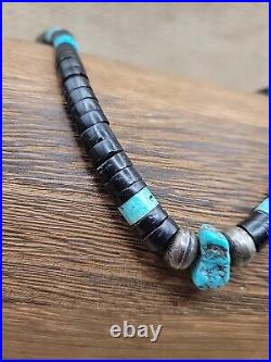 Turquoise & Jet Heishi Bead Necklace Sterling Silver Native American 14 Choker