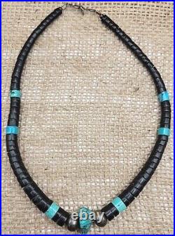 Turquoise & Jet Heishi Bead Necklace Sterling Silver Native American 14 Choker