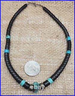 Turquoise & Jet Heishi Bead Necklace Sterling Silver Native American 14 Choker