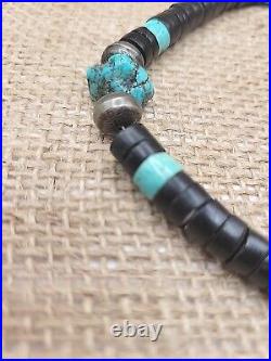 Turquoise & Jet Heishi Bead Necklace Sterling Silver Native American 14 Choker