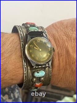 VERY OLD Edwards Vintage NAVAJO CUFF Watch Sterling Silver TURQUOISE CORAL old