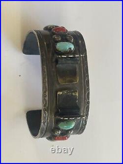 VERY OLD Edwards Vintage NAVAJO CUFF Watch Sterling Silver TURQUOISE CORAL old