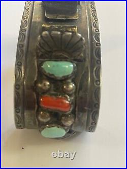 VERY OLD Edwards Vintage NAVAJO CUFF Watch Sterling Silver TURQUOISE CORAL old