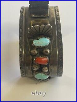 VERY OLD Edwards Vintage NAVAJO CUFF Watch Sterling Silver TURQUOISE CORAL old