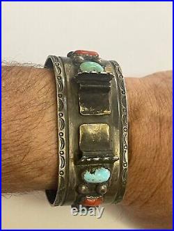 VERY OLD Edwards Vintage NAVAJO CUFF Watch Sterling Silver TURQUOISE CORAL old