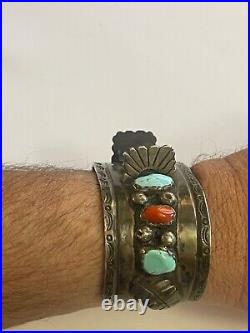 VERY OLD Edwards Vintage NAVAJO CUFF Watch Sterling Silver TURQUOISE CORAL old