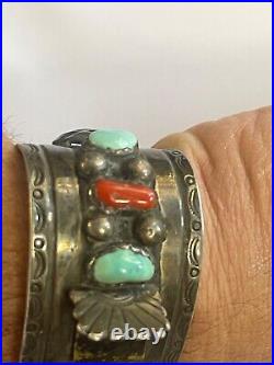 VERY OLD Edwards Vintage NAVAJO CUFF Watch Sterling Silver TURQUOISE CORAL old