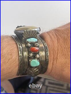 VERY OLD Edwards Vintage NAVAJO CUFF Watch Sterling Silver TURQUOISE CORAL old