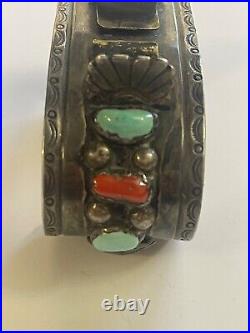 VERY OLD Edwards Vintage NAVAJO CUFF Watch Sterling Silver TURQUOISE CORAL old