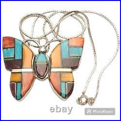 VINTAGE NAVAJO First American Traders BUTTERFLY Inlay STERLING Silver Necklace