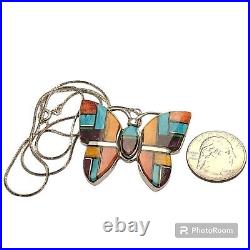 VINTAGE NAVAJO First American Traders BUTTERFLY Inlay STERLING Silver Necklace