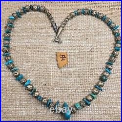 VTG Native American Sterling Silver Rose Bead & Nugget Turquoise Beaded Necklace