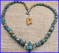 VTG Native American Sterling Silver Rose Bead & Nugget Turquoise Beaded Necklace