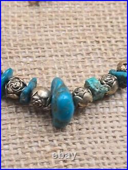 VTG Native American Sterling Silver Rose Bead & Nugget Turquoise Beaded Necklace