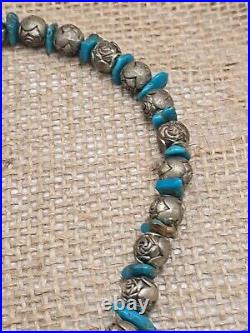 VTG Native American Sterling Silver Rose Bead & Nugget Turquoise Beaded Necklace