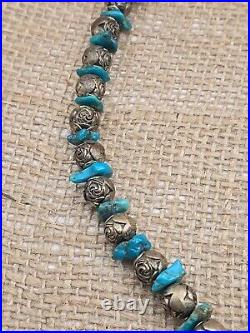 VTG Native American Sterling Silver Rose Bead & Nugget Turquoise Beaded Necklace