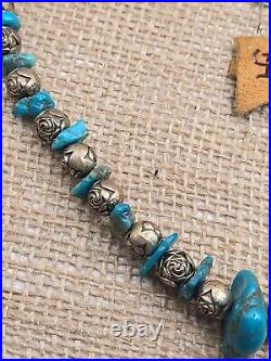 VTG Native American Sterling Silver Rose Bead & Nugget Turquoise Beaded Necklace