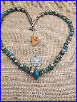 VTG Native American Sterling Silver Rose Bead & Nugget Turquoise Beaded Necklace