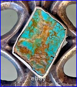 VTG Native American Sterling Silver Tufa Sandcast Big Turquoise Belt Buckle