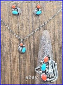 VTG Sterling Silver Native American Parure Jewelry Set Turquoise & Coral 3 Pc