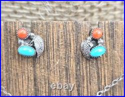 VTG Sterling Silver Native American Parure Jewelry Set Turquoise & Coral 3 Pc