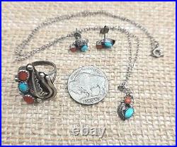 VTG Sterling Silver Native American Parure Jewelry Set Turquoise & Coral 3 Pc