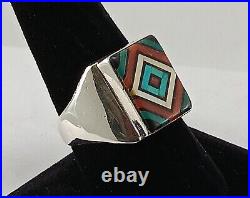 Very Nice Sz. 10 Signed Silver Multistone Inlay Zuni Native American Indian Ring