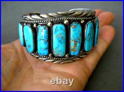 Vibrant Native American Rectangular Turquoise Row Sterling Silver Cuff Bracelet