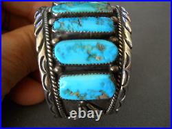 Vibrant Native American Rectangular Turquoise Row Sterling Silver Cuff Bracelet