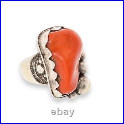 Vintage HUGE Navajo Old Pawn Native American Ring Coral Jasper Silver Jewelry