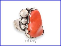 Vintage HUGE Navajo Old Pawn Native American Ring Coral Jasper Silver Jewelry