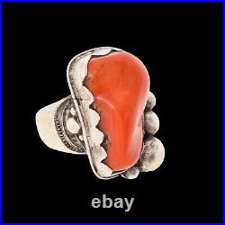 Vintage HUGE Navajo Old Pawn Native American Ring Coral Jasper Silver Jewelry