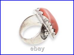 Vintage HUGE Navajo Old Pawn Native American Ring Coral Jasper Silver Jewelry