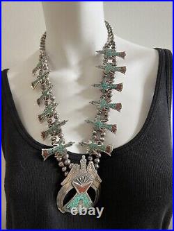 Vintage Native American Dead-Pawn Squash Blossom Silver Necklace