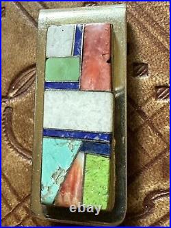 Vintage Native American Money Clip Inlay Turquoise Lapis Etc Silver Signed L