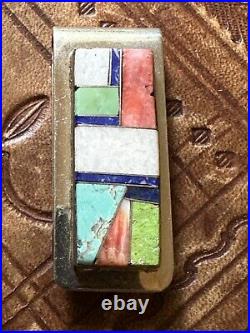 Vintage Native American Money Clip Inlay Turquoise Lapis Etc Silver Signed L