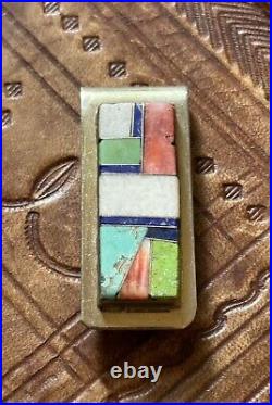 Vintage Native American Money Clip Inlay Turquoise Lapis Etc Silver Signed L