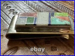 Vintage Native American Money Clip Inlay Turquoise Lapis Etc Silver Signed L